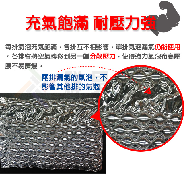 超強力氣泡布高壓膜是一種塑膠緩衝包裝材料。此款超強力氣泡布的保氣度超久,保氣度期間約:半年至1年期間,勝於強力氣泡布。耐壓與吸震效果跟強力氣泡布相較之下,超強力氣泡布幾乎完勝。超強力氣泡布除了讓您的包裝更安全以外,更提升產品形象。超強力氣泡布具有成本效益並兼顧商品保護,取代傳統氣泡布、保麗龍、發泡等緩衝包裝。